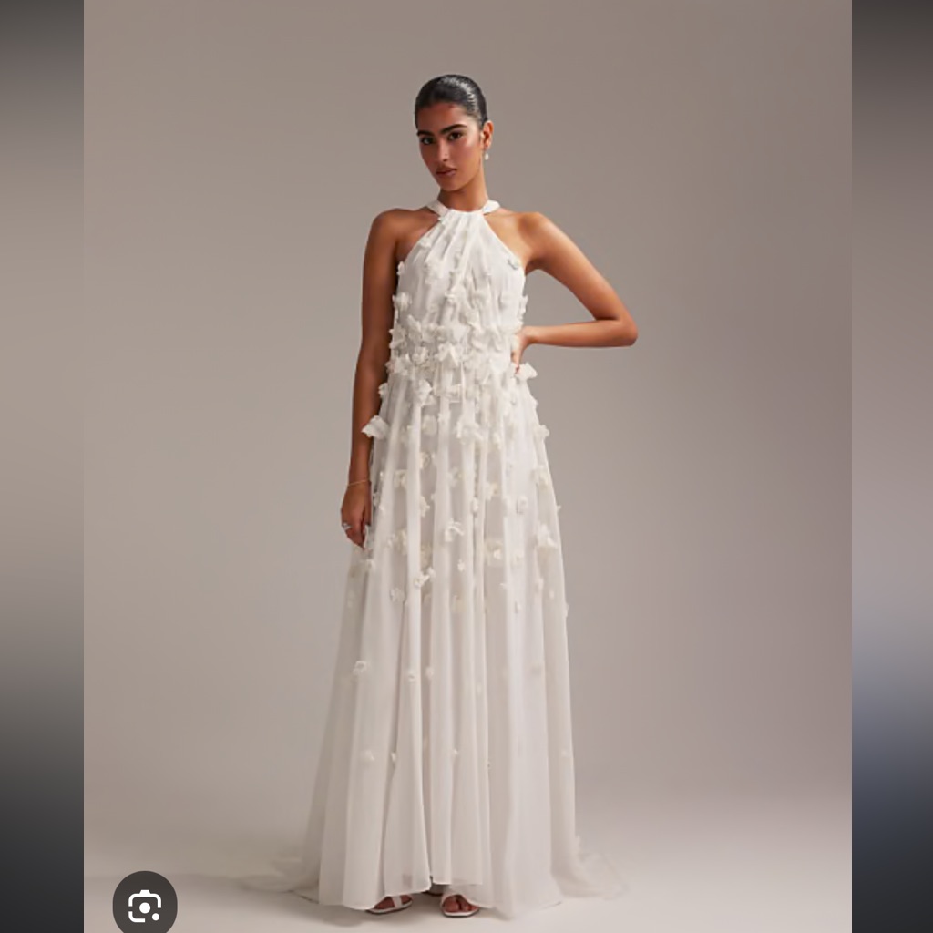 Asos Design 3d Floral Statement Halter Maxi Wedding Dress In Ivory